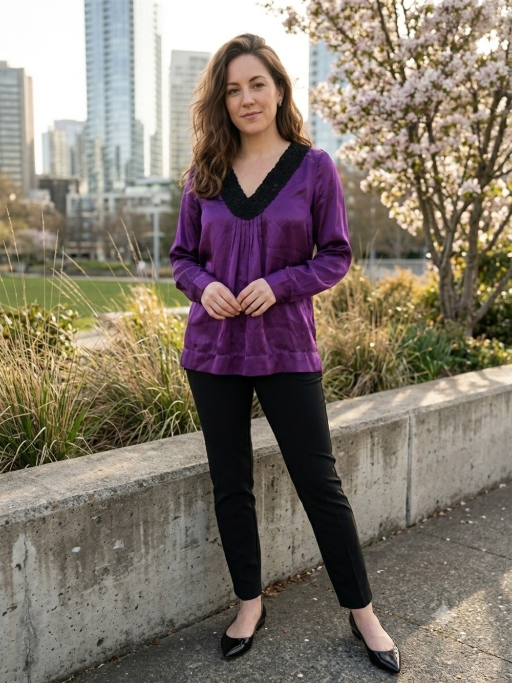 100% Silk Max Studio Purple V-Neck Long Sleeve Top with Black Lace Trim